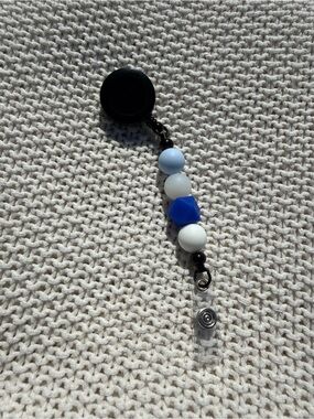Blue and White Beaded Badge Reel with Clip